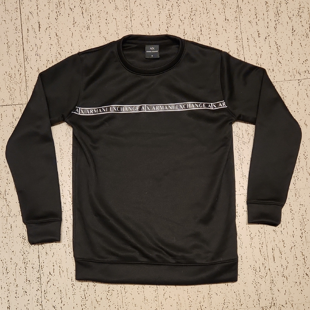 Armani Exchange Black Stripe Multi Spellout Tape Logo Pullover Crewneck Sweater